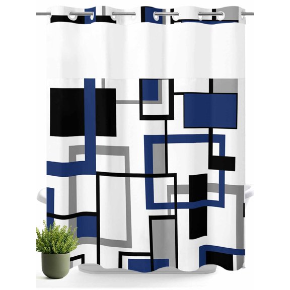 No Hook Shower Curtain with Snap in Liner,Blue Black Grey Geometric Rectangle Waterproof Bath Curtain Double Layers with See Through Top Window,Mid Century Nordic Color Art Shower Curtains 72x72in