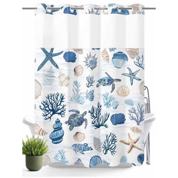 No Hook Shower Curtain with Snap in Liner,Blue Coral Shell Sea Turtle Seamless Waterproof Bath Curtain Double Layers with See Through Top Window,Conch Marine Life Hotel Shower Curtains 60x72in