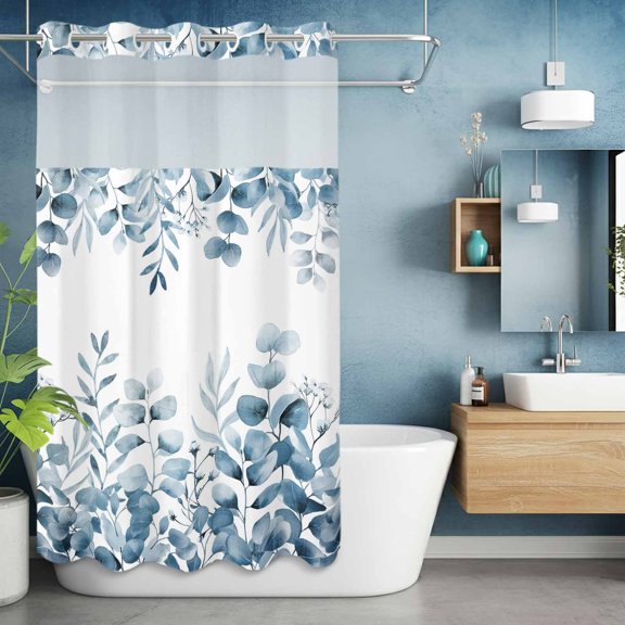 No Hook Shower Curtain with Snap in Liner, Blue Eucalyptus Leaves Waterproof Fabric Bathroom Curtain Mesh Top Window, Farmhouses Leaf on Top Shower Curtains 36x72in
