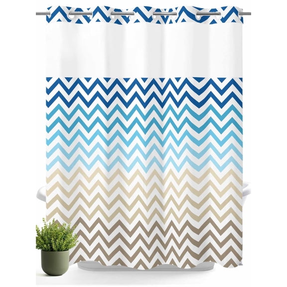 No Hook Shower Curtain with Snap in Liner,Blue Gradient Ripple Zigzag Chevron Waterproof Bath Curtain Double Layers with See Through Top Window,Abstract Geometric Hotel Shower Curtains 72x72in