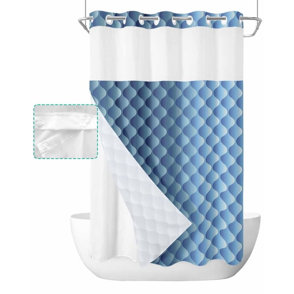 No Hook Shower Curtain with Snap in Liner, Blue Gradient Texture Striped Hotel Shower Curtains for Bathroom, Washable Shower Curtain Liner Set with Mesh Top Window, 54"x78"