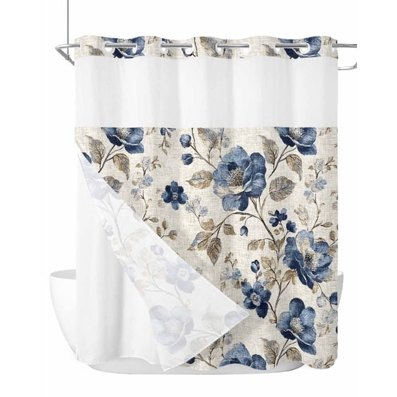 No Hook Shower Curtain with Snap in Liner Blue Gray Spring Floral Shower Curtain -Fabric Waterproof Inner Liner, Vintage Botanical Leaf Farmhouse Shower Curtains Washable 72"x72"