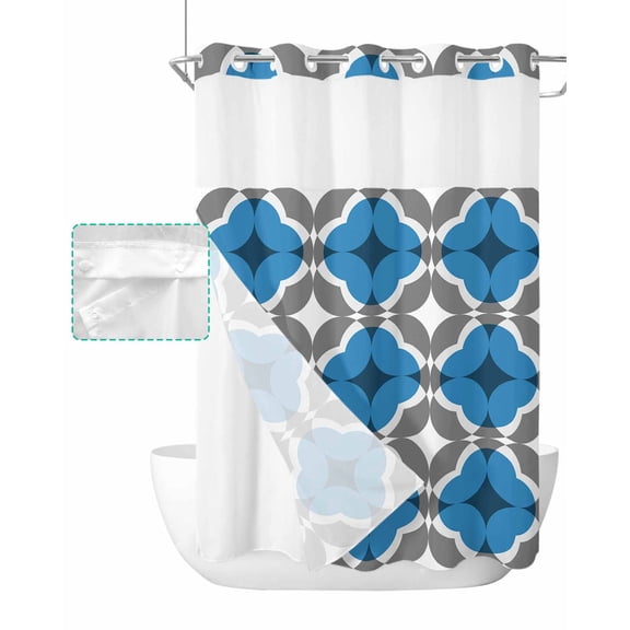 No Hook Shower Curtain with Snap in Liner, Blue Gray Vintage Geometric Patten Hotel Shower Curtains for Bathroom, Washable Shower Curtain Liner Set with Mesh Top Window, 48"x72"