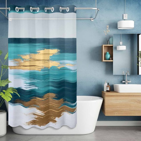 No Hook Shower Curtain with Snap in Liner, Blue Green Gradient Gold Foil Waterproof Bath Curtain Double Layers with See Through Top Window, Abstract Oil Painting Style Hotel Shower Curtains 36x72in