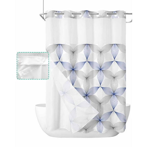 No Hook Shower Curtain with Snap in Liner, Blue and Grey Abstract Geometric Flowers Hotel Shower Curtains for Bathroom, Washable Shower Curtain Liner Set with Mesh Top Window, 48"x72"