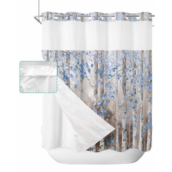 No Hook Shower Curtain with Snap in Liner, Blue Leaves Impressionist Forest Oil Painting Art Hotel Shower Curtains for Bathroom, Washable Shower Curtain Liner Set with Mesh Top Window, 72”x78”