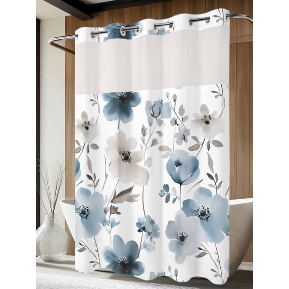 No Hook Shower Curtain with Snap in Liner, Blue Light Brown Flower Leaves Waterproof Fabric Bathroom Curtain Mesh Top Window, Spring Floral Shower Curtains 60x72in