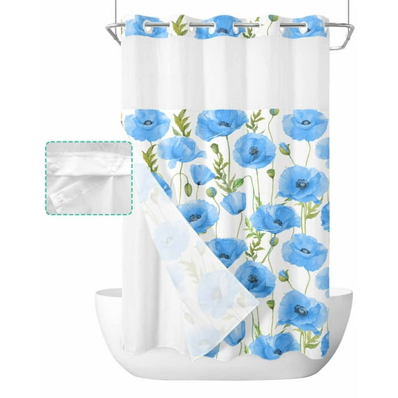 No Hook Shower Curtain with Snap in Liner, Blue Myosotis Forget Me Not Flower Watercolor Hotel Shower Curtains for Bathroom, Washable Shower Curtain Liner Set with Mesh Top Window, 54"x78"