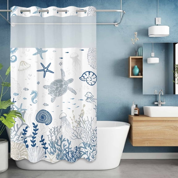 No Hook Shower Curtain with Snap in Liner, Blue Ocean Coral Sea Turtle Waterproof Fabric Bathroom Curtain Mesh Top Window, Marine Life Shell Conch Shower Curtains 36x72in