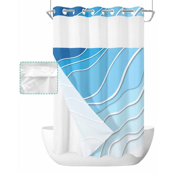 No Hook Shower Curtain with Snap in Liner, Blue Ombre Abstract Sea Water Hotel Shower Curtains for Bathroom, Washable Shower Curtain Liner Set with Mesh Top Window, 36"x78"