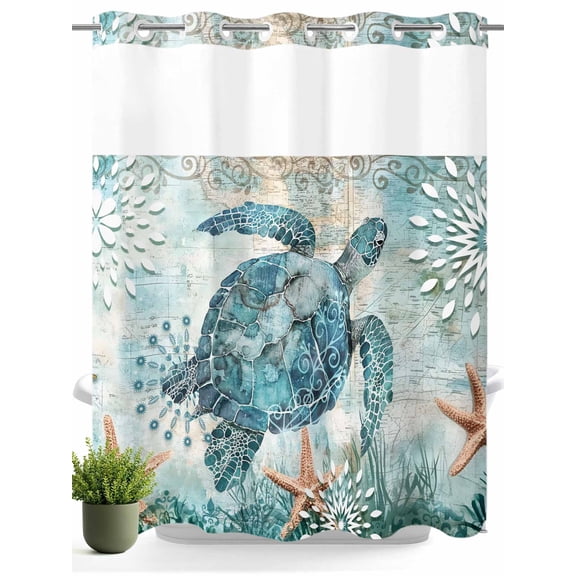 No Hook Shower Curtain with Snap in Liner,Blue Sea Turtle Ocean Starfish Waterproof Bath Curtain Double Layers with See Through Top Window,Seaweed Vintage Map Hotel Shower Curtains 72x72in