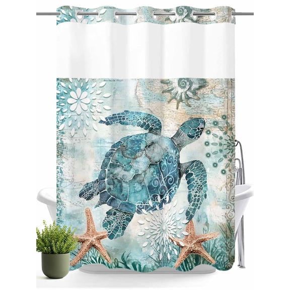 No Hook Shower Curtain with Snap in Liner,Blue Sea Turtle Ocean Starfish Waterproof Bath Curtain Double Layers with See Through Top Window,Seaweed Vintage Map Hotel Shower Curtains 60x72in