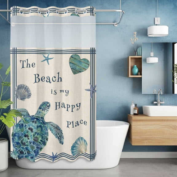 No Hook Shower Curtain with Snap in Liner, Blue Sea Turtle Shells on Vintage Waterproof Bath Curtain Double Layers with See Through Top Window, Happy Place Quote Hotel Shower Curtains 36x72in