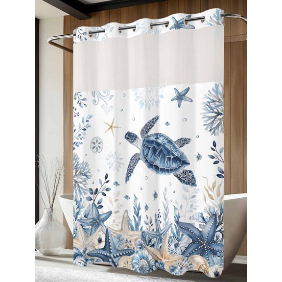No Hook Shower Curtain with Snap in Liner, Blue Sea Turtle Starfish Coral Shells Waterproof Bath Curtain Double Layers with See Through Top Window, Floral Leaves Fish Hotel Shower Curtains 72x84in