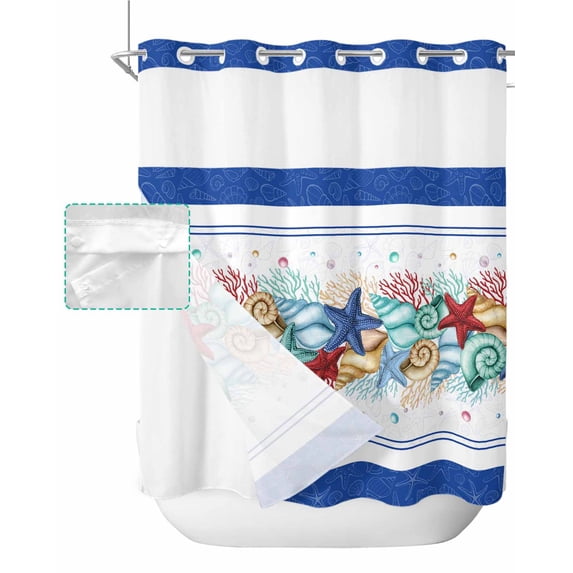 No Hook Shower Curtain with Snap in Liner, Blue Stripe Summer Ocean Shell Starfish Pattern Hotel Shower Curtains for Bathroom, Washable Shower Curtain Liner Set with Mesh Top Window, 66"x72"