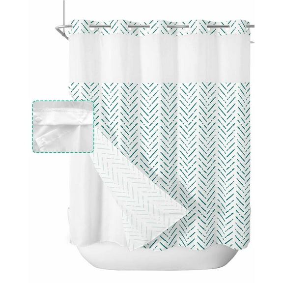 No Hook Shower Curtain with Snap in Liner, Blue Striped Geometric Hotel Shower Curtains for Bathroom, Washable Shower Curtain Liner Set with Mesh Top Window, 72”x78”