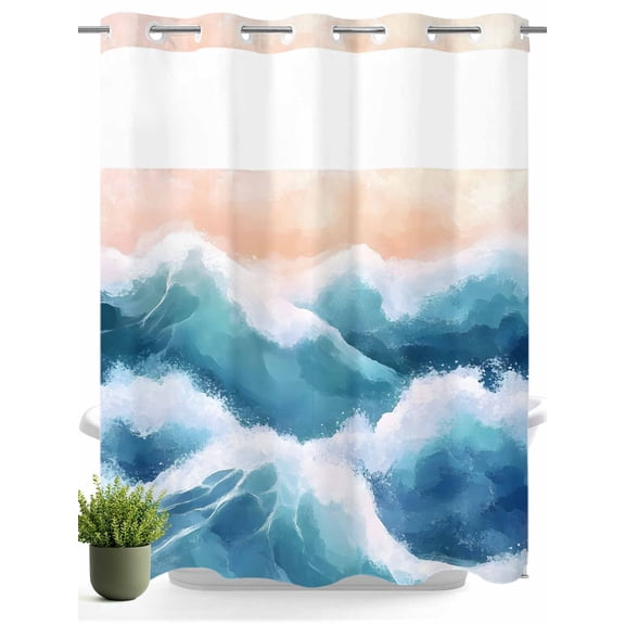 No Hook Shower Curtain with Snap in Liner,Blue Waves Summer Beach Waterproof Bath Curtain Double Layers with See Through Top Window,Blue Gradient Ocean Spray Hotel Shower Curtains 72x72in