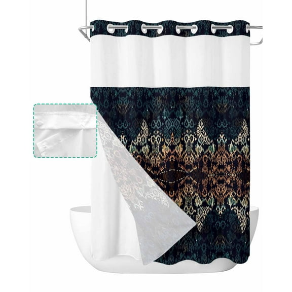 No Hook Shower Curtain with Snap in Liner, Boho Abstract Geometric Snake Pattern Hotel Shower Curtains for Bathroom, Washable Shower Curtain Liner Set with Mesh Top Window, 72"x96"