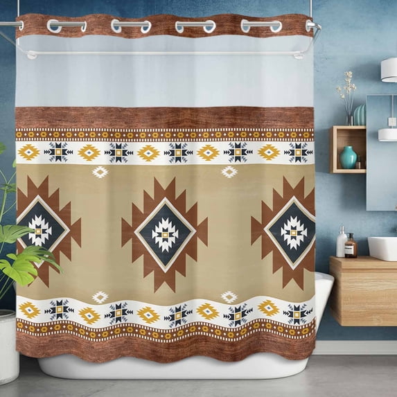 No Hook Shower Curtain with Snap in Liner, Boho Aztec Tribal Totem Ethnic Style Waterproof Fabric Bathroom Curtain Mesh Top Window, Retro Brown Wood Board Shower Curtains 72x72in