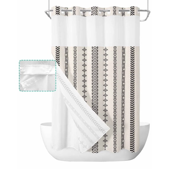 No Hook Shower Curtain with Snap in Liner, Boho Black Geometric Striped Farmhouse Style Retro Linen Shower Curtains for Bathroom, Washable Shower Curtain Liner Set with Mesh Top Window, 36"x72"