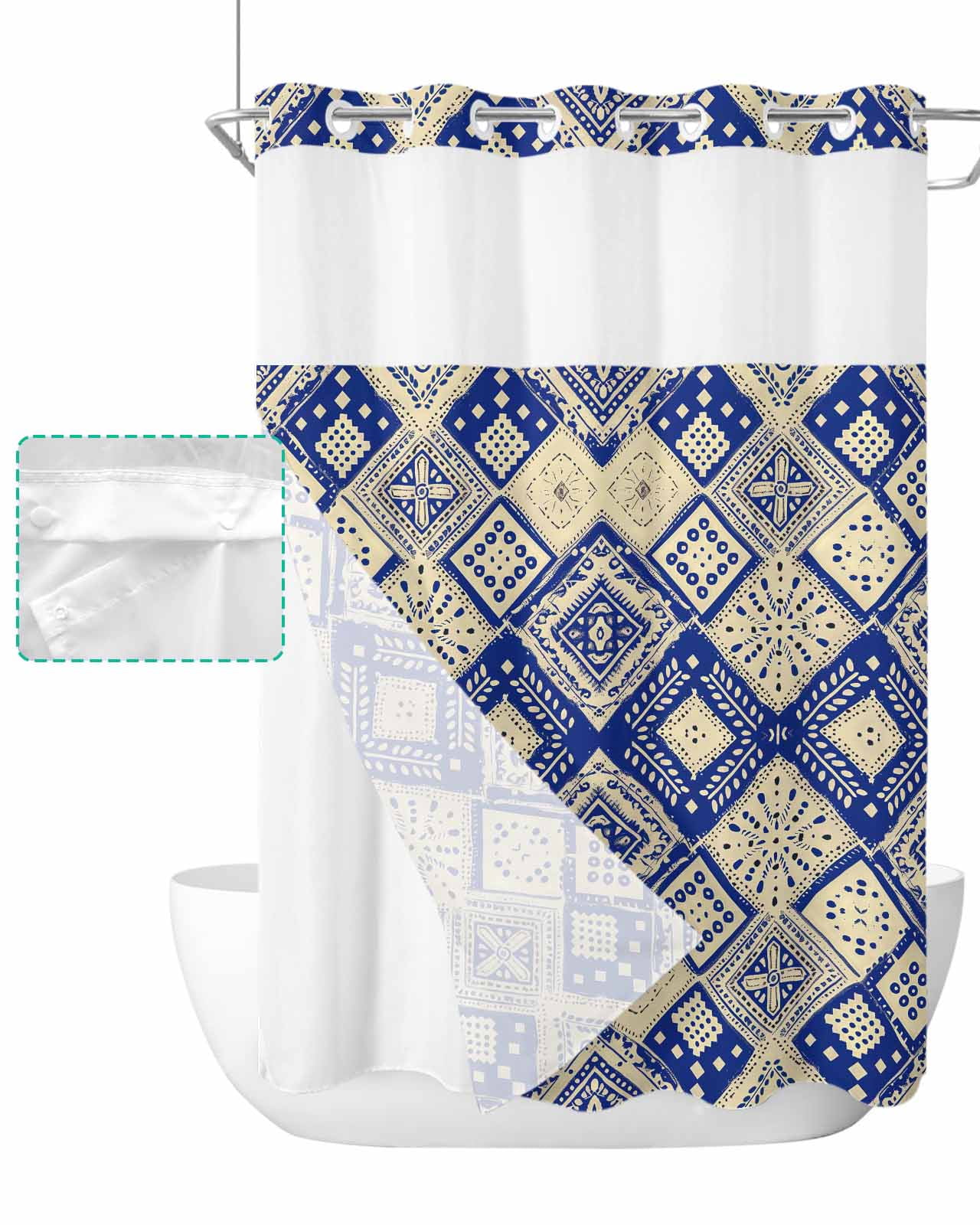 No Hook Shower Curtain with Snap in Liner, Boho Blue Watercolor Flower Rhombus Polka Dot Hotel Shower Curtains for Bathroom, Washable Shower Curtain Liner Set with Mesh Top Window, 60"x72"