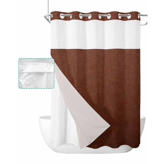 No Hook Shower Curtain with Snap in Liner, Boho Brown Leather Texture Farmhouse Style Hotel Shower Curtains for Bathroom, Washable Shower Curtain Liner Set with Mesh Top Window, 72"x84"