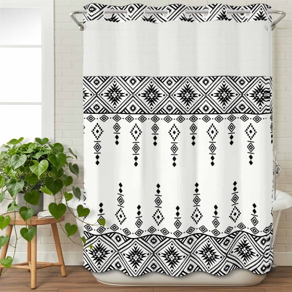No Hook Shower Curtain with Snap in Liner, Boho Ethnic Abstract Style Waterproof Bath Curtain Double Layers with See Through Top Window, Black White Geometric Pattern Hotel Shower Curtains 48x72in