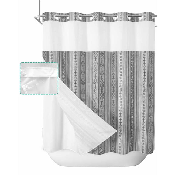 No Hook Shower Curtain with Snap in Liner, Boho Gray Stripes Abstract Geometric Texture Hotel Shower Curtains for Bathroom, Washable Shower Curtain Liner Set with Mesh Top Window, 72"x72"