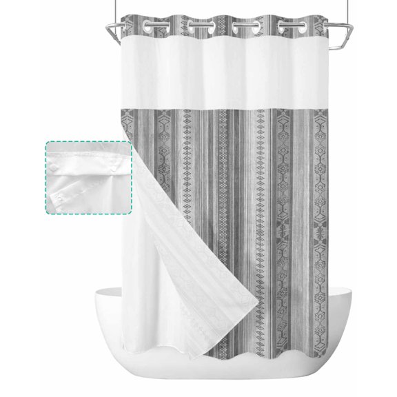No Hook Shower Curtain with Snap in Liner, Boho Gray Stripes Abstract Geometric Texture Hotel Shower Curtains for Bathroom, Washable Shower Curtain Liner Set with Mesh Top Window, 36"x72"