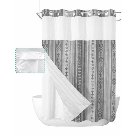 No Hook Shower Curtain with Snap in Liner, Boho Gray Stripes Abstract Geometric Texture Hotel Shower Curtains for Bathroom, Washable Shower Curtain Liner Set with Mesh Top Window, 72"x96"