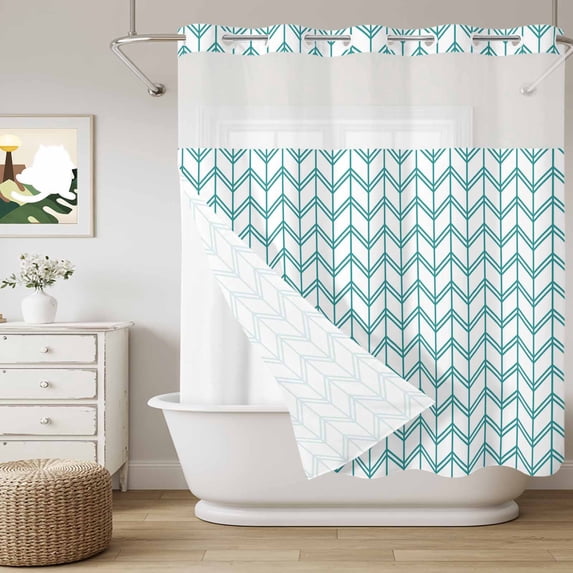 No Hook Shower Curtain with Snap in Liner, Boho Minimalist Geometric Art Curtain Set See-Through Top Double Layers Modern Teal Herringbone Texture Shower Curtains for Bathroom Decor, 72x72in