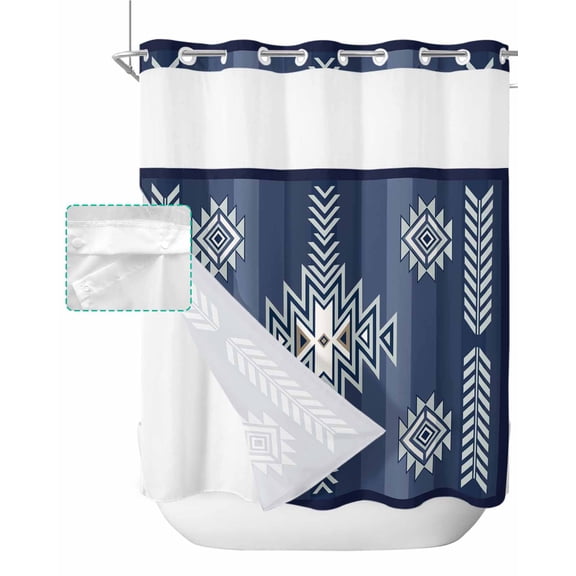 No Hook Shower Curtain with Snap in Liner, Boho Moroccan Blue Gradient Striped Geometric Hotel Shower Curtains for Bathroom, Washable Shower Curtain Liner Set with Mesh Top Window, 72”x78”