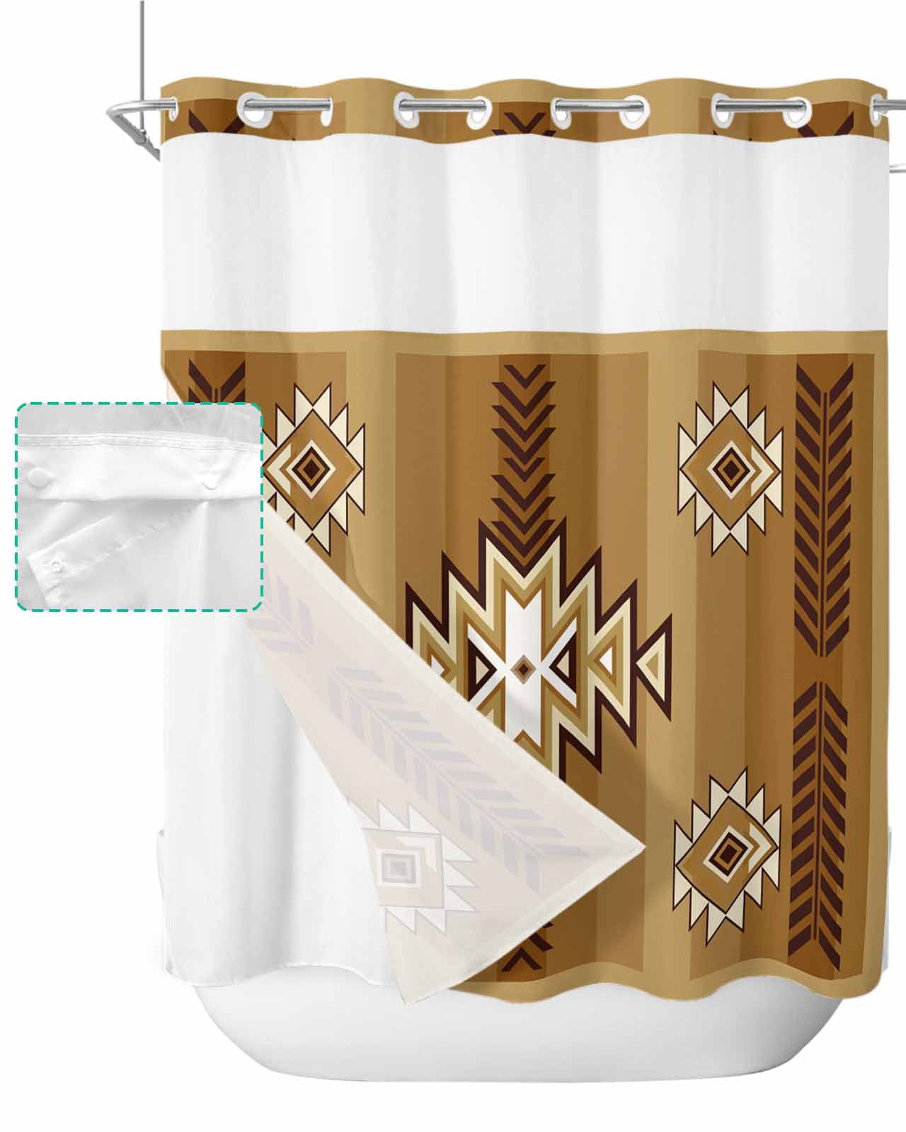 No Hook Shower Curtain with Snap in Liner, Boho Moroccan Brown Gradient Striped Geometric Hotel Shower Curtains for Bathroom, Washable Shower Curtain Liner Set with Mesh Top Window, 72”x78”