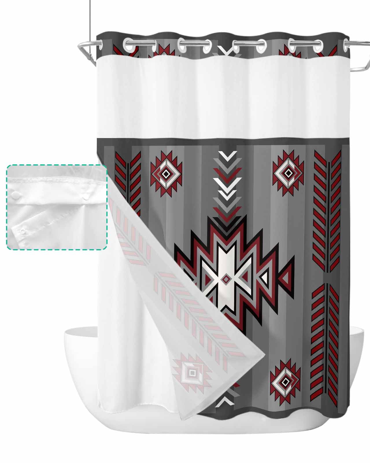 No Hook Shower Curtain with Snap in Liner, Boho Moroccan Red Geometric Grey Gradient Striped Hotel Shower Curtains for Bathroom, Washable Shower Curtain Liner Set with Mesh Top Window, 72"x84"