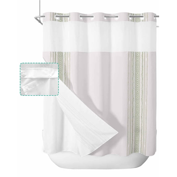 No Hook Shower Curtain with Snap in Liner, Boho Sage Green Geometric Striped Farmhouse Style Hotel Shower Curtains for Bathroom, Washable Shower Curtain Liner Set with Mesh Top Window, 72”x78”