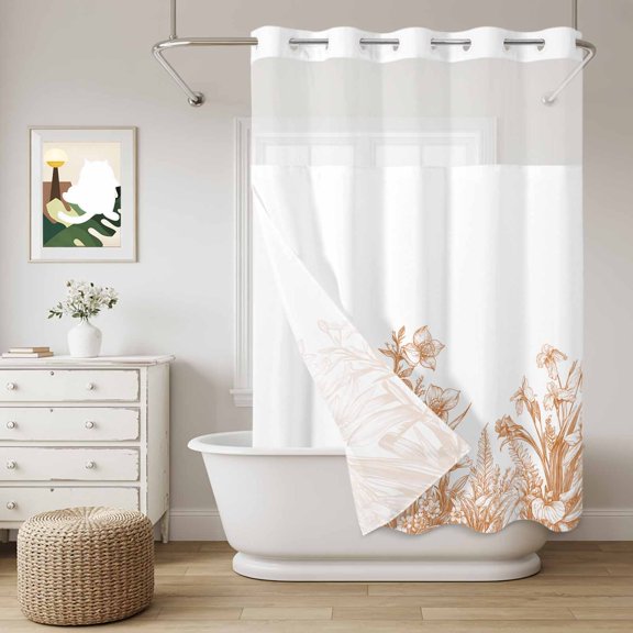 No Hook Shower Curtain with Snap in Liner, Brown Iris Flower Lavender on White Curtain Set See-Through Top Double Layers Country Plants Shower Curtains for Bathroom Decor, 60x72in