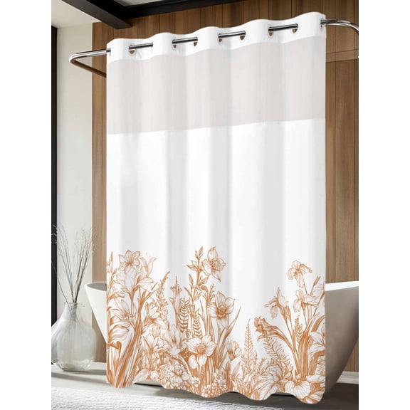 No Hook Shower Curtain with Snap in Liner, Brown Iris Flower Lavender on White Waterproof Fabric Bathroom Curtain Mesh Top Window, Country Plants Shower Curtains 60x72in