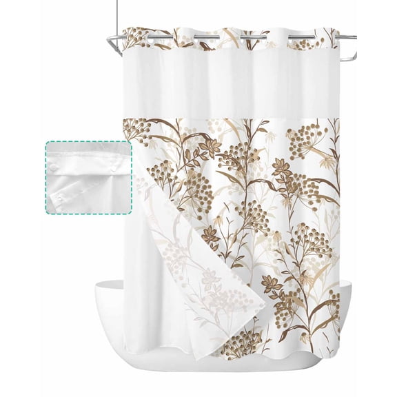No Hook Shower Curtain with Snap in Liner, Brown Plant and Fruits Texture Hotel Shower Curtains for Bathroom, Washable Shower Curtain Liner Set with Mesh Top Window, 48"x72"