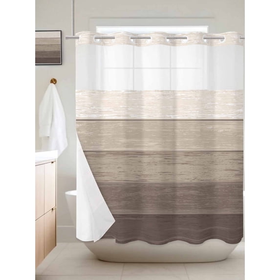No Hook Shower Curtain with Snap in Liner, Brown Retro Wood Board Waterproof Bath Curtain Double Layers with See Through Top Window, Country Farmhouse Khaki Gradient Hotel Shower Curtains 72x72in