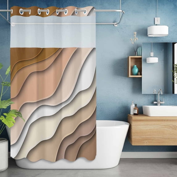No Hook Shower Curtain with Snap in Liner, Brown Stripe Abstract Geometric Waterproof Bath Curtain Double Layers with See Through Top Window, Gradient Water Ripple Modern Art Shower Curtains 36x72in