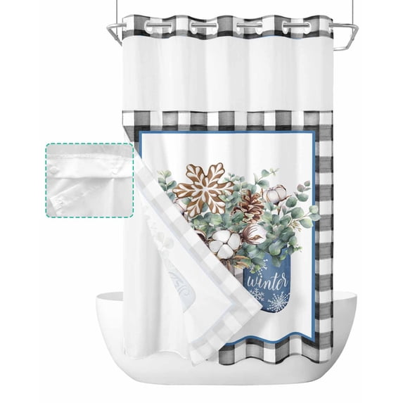No Hook Shower Curtain with Snap in Liner, Buffalo Grid Christmas Cotton Eucalyptus Leaf Flower Arrangement Shower Curtains for Bathroom, Washable Inner Liner with Mesh Top Window, 54"x78"