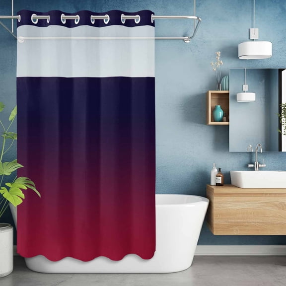 No Hook Shower Curtain with Snap in Liner, Burgundy Red Gradient Ombre Waterproof Fabric Bathroom Curtain Mesh Top Window, Dark Maroon Shadow Shower Curtains 36x72in