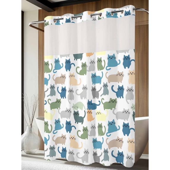 No Hook Shower Curtain with Snap in Liner, Cartoon Cat Seamless Waterproof Fabric Bathroom Curtain Mesh Top Window, Funny Animal on White Shower Curtains 60x72in