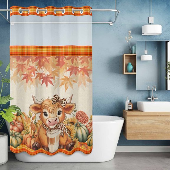 No Hook Shower Curtain with Snap in Liner, Cartoon Cow Thanksgiving Pumpkin Waterproof Bath Curtain Double Layers with See Through Top Window, Fall Orange Maple Leaves Hotel Shower Curtains 36x72in