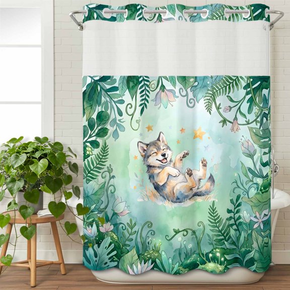 No Hook Shower Curtain with Snap in Liner, Cartoon Cute Wolf Stars Waterproof Fabric Bathroom Curtain Mesh Top Window, Forest Green Leaf Flower Plant Shower Curtains 48x72in