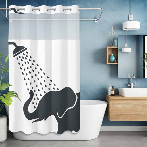 No Hook Shower Curtain with Snap in Liner, Cartoon Elephant Waterproof Fabric Bathroom Curtain Mesh Top Window, Funny Grey White Animal Shadow Shower Curtains 36x72in