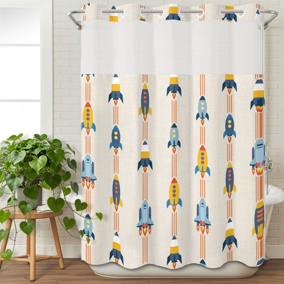 No Hook Shower Curtain with Snap in Liner, Cartoon Space Shuttle on Linen Waterproof Fabric Bathroom Curtain Mesh Top Window, Modern Shuttlecraft Universe Shower Curtains 48x72in