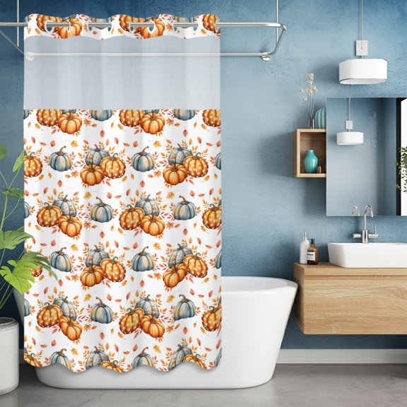 No Hook Shower Curtain with Snap in Liner, Cartoon Thanksgiving Thanksgiving Waterproof Bath Curtain Double Layers with See Through Top Window, Country Autumn Leaves Hotel Shower Curtains 36x72in