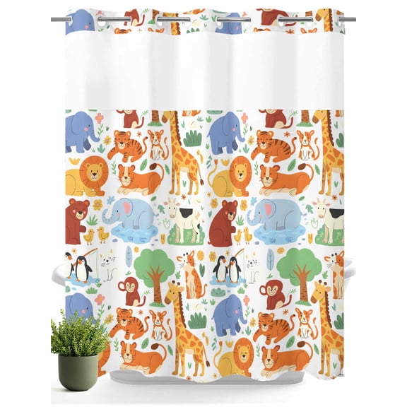 No Hook Shower Curtain with Snap in Liner,Cartoon Watercolor Zoo Animals Waterproof Bath Curtain Double Layers with See Through Top Window,Cute Lion Tiger Monkey Bear Hotel Shower Curtains 72x72in