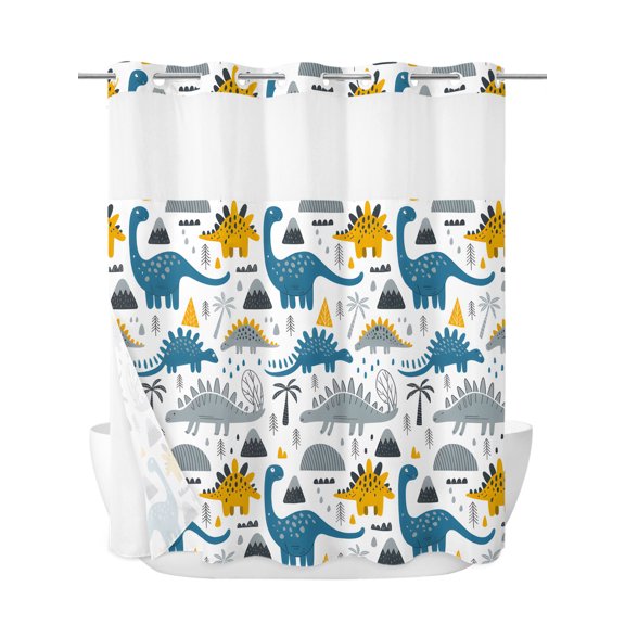 No Hook Shower Curtain with Snap in Liner,Cartoons Gray Blue Yellow Dinosaurs Waterproof Bath Curtain with See Through Top Window,Abstract Shower Curtains for Bathroom Decor,72x78in